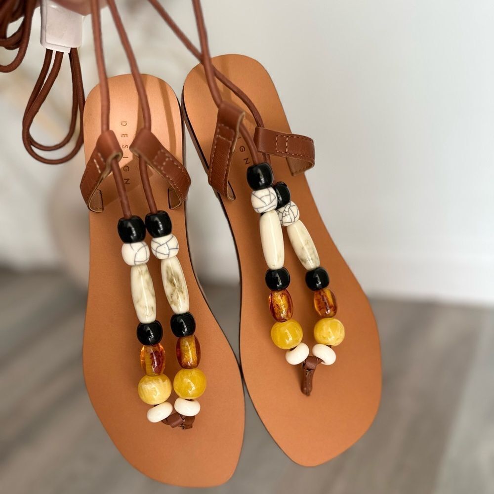 ASOS DESIGN Five Islands leather beaded sandals with ankle ties in tan